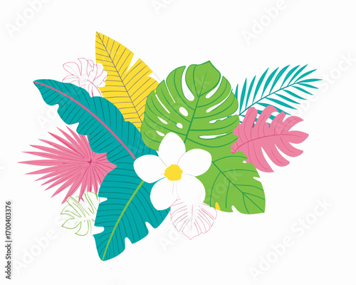 Vibrant tropical foliage and flowers arrangement on white background