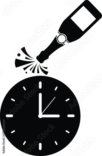 Champagne bottle pouring over clock face celebrating new year's eve or special occasion milestone transparent background