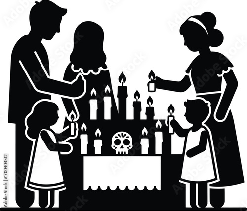 Family gathers around altar lighting candles for dia de los muertos celebration transparent background