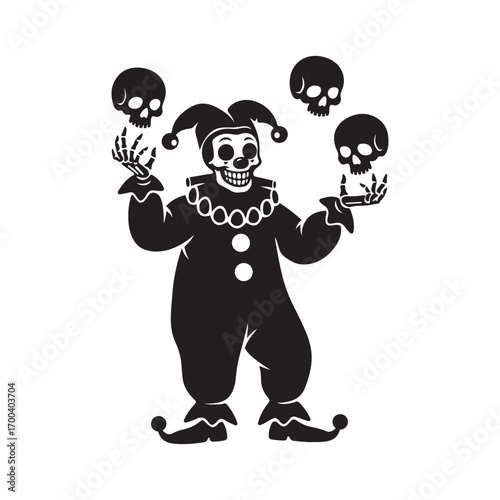  creepy clown juggling skulls illustration – black and white horror vector with skeletal hands and eerie circus costume.