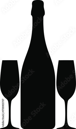 Classic celebration silhouette champagne bottle with two flutes for festive occasions transparent background