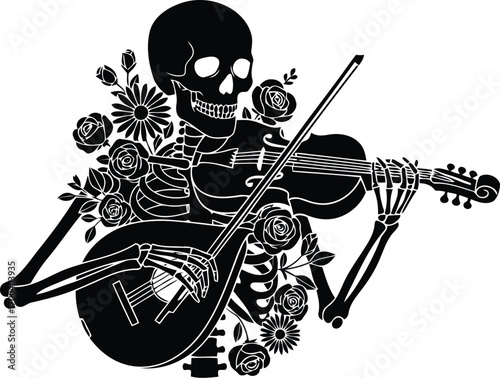 Macabre skeleton musician plays violin amongst delicate roses detailed art transparent background