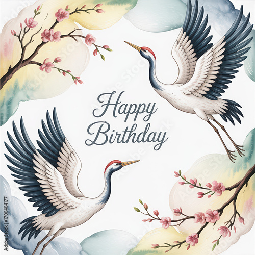 Festive Birthday Card Design with Japanese Cranes and Cherry Blossoms Wishing Happiness and Prosperity