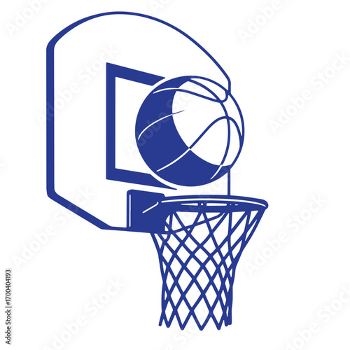 Blue vector illustration of a basketball hooping with ball going through net
