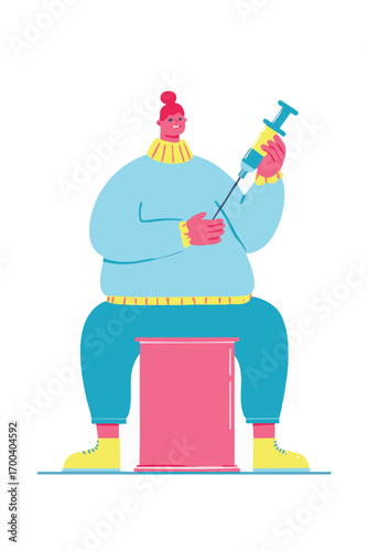 Bold illustration of a person with a weight loss syringe medication.
