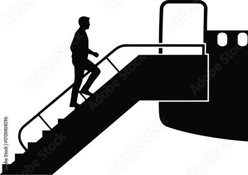 Silhouette of person ascending airplane stairs jetway boarding aircraft passenger travel transparent background