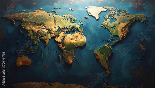 A detailed world map, showcasing continents with textured relief and a rich color palette, evokes a sense of global exploration.
