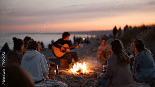 Friends gathering around a campfire on the beach at sunset  