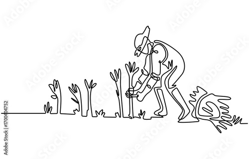 Single one line drawing of farmers rice planting working. Farming challenge minimal concept.