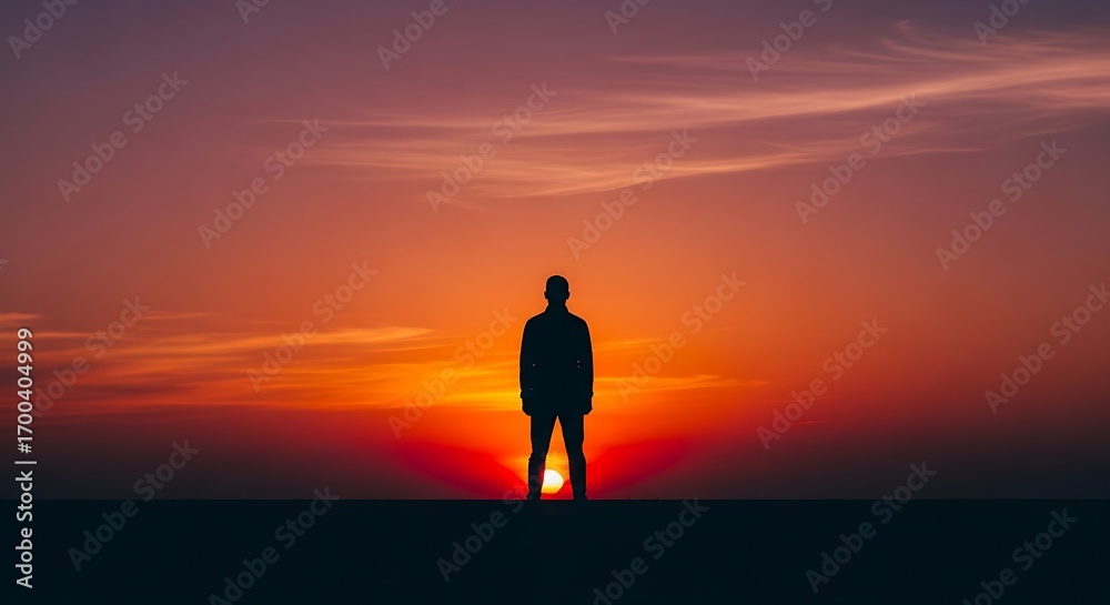 Fototapeta premium Silhouette of a person against a vibrant sunset.
