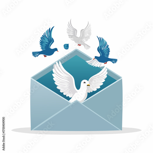 Flying doves emerging from an envelope symbolizing communication and peace vector illustration
