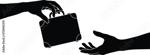 Silhouette of hands exchanging a briefcase symbolizing business deal and opportunity transparent background