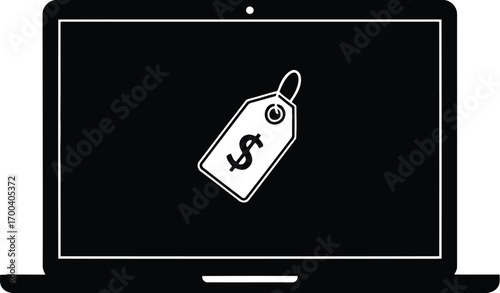 Laptop screen displaying a price tag with dollar sign symbol for online shopping deals transparent background