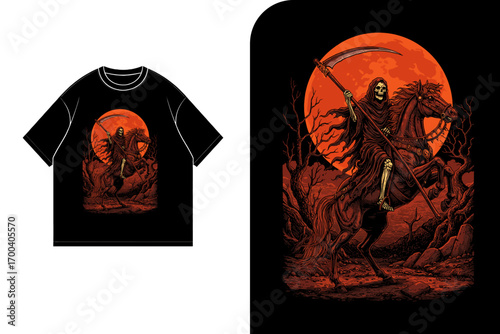 Grim Reaper on horseback graphic design printed on a black t-shirt, featuring an orange moon and a dark forest background.