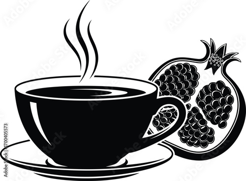 Steaming cup of coffee next to a juicy pomegranate slice delicious refreshing beverage and fruit transparent background