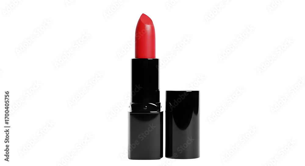 Obraz premium Red lipstick gleams against black, product shines with light reflections, perfect for beauty branding, social media posts, or cosmetic photography.