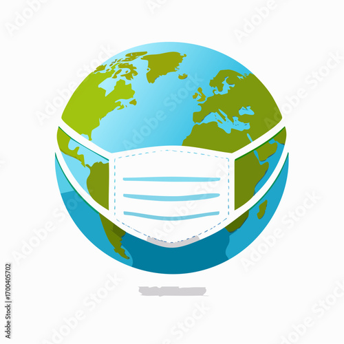 Globally represented Earth wearing a protective mask, symbolizing worldwide health concern