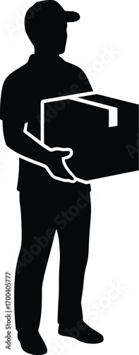 Delivery person silhouette holding a package ready for shipping and logistics services transparent background