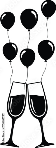 Two champagne glasses toasted with balloons overhead celebration party festive event transparent background