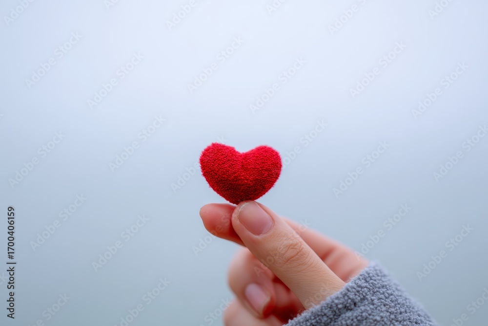Fototapeta premium A small, textured red heart is held gently by a hand, showcasing a simple yet heartfelt gesture against a soft, light gray backdrop.