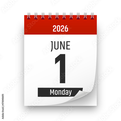 Date 1 June 2026 year realistic calendar day page design. June 1 transparent png