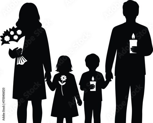 Silhouetted family of four holding hands representing unity love and connection together transparent background