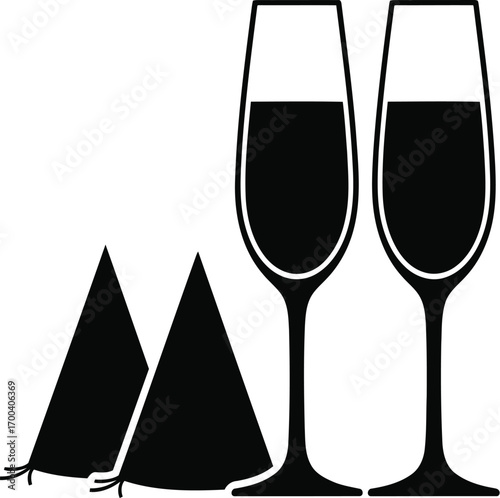 Two flutes of champagne and party hats representing celebration and festivity transparent background