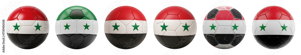 Fototapeta premium Syria flag football set including standard, green panel, and distressed versions isolated. National pride and sports collection.