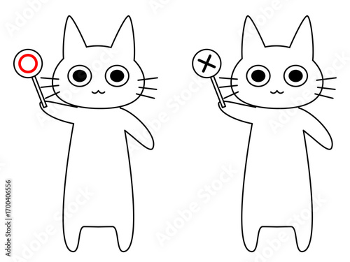 〇と×のプラカードを持った猫のイラスト
