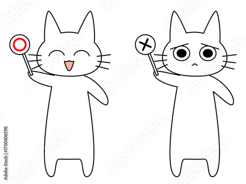 〇と×のプラカードを持った表情豊かな猫