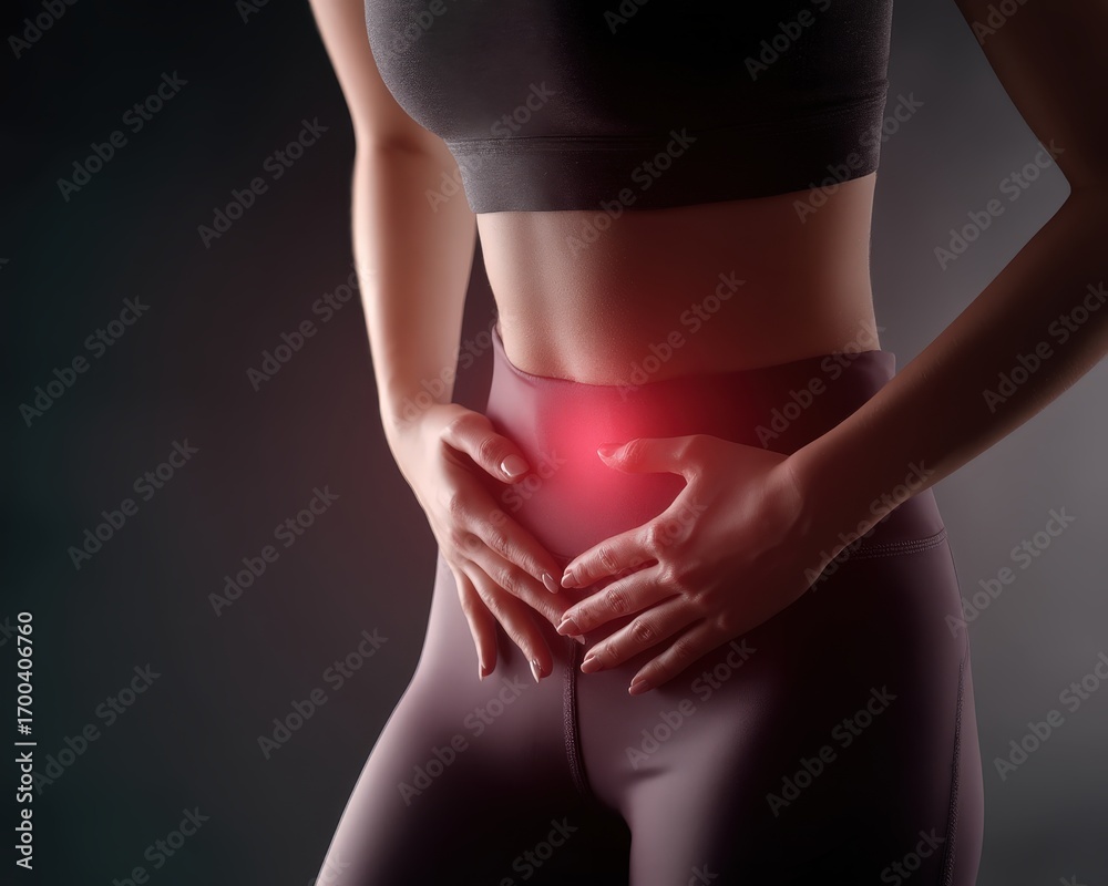 Fototapeta premium A woman experiencing abdominal discomfort, showcasing the importance of health awareness and self-care.