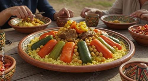A group of people sharing a large, authentic platter of traditional couscous with meat and vegetables