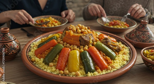 A couple enjoying a traditional and colorful Moroccan couscous meal together at a table