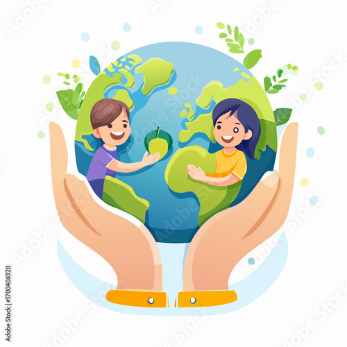 Illustration Depicting Earth's Preservation by Children's Actions and Sustainable Practices