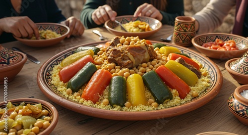 A festive gathering of people sharing a traditional North African couscous dish with meat and vegetables