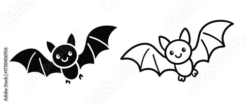 This cute cartoon style vector illustration features a smiling bat in both silhouette and outline versions. Perfect for Halloween, children's events, or any playful design Isolated on white background
