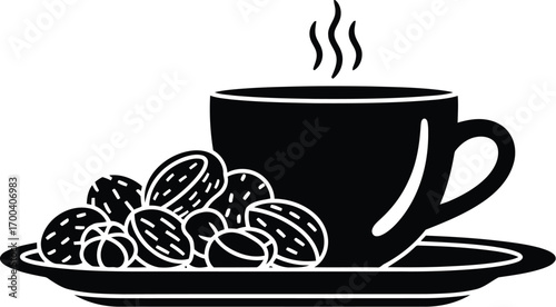 Steaming cup of coffee with roasted beans on a saucer simple silhouette transparent background