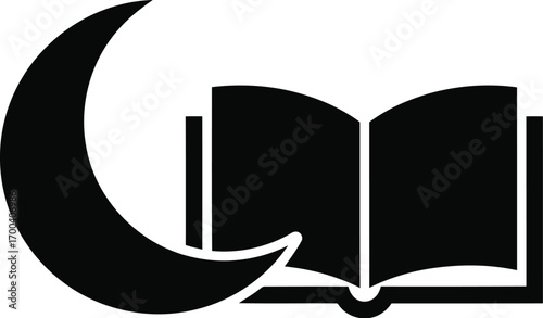 Islamic crescent moon and open book symbol for ramadan and islamic study transparent background