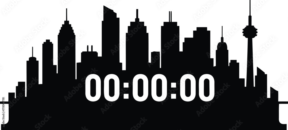 Obraz premium Silhouette cityscape with digital timer countdown zero time display transparent background