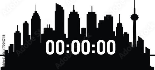 Silhouette cityscape with digital timer countdown zero time display transparent background
