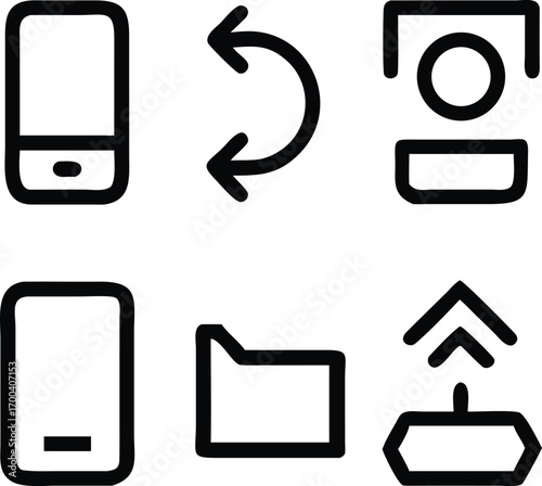 Six black outline icons on white background graphic symbol