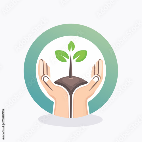 Illustration depicting hands cradling a young plant, symbolizing growth and environmental care