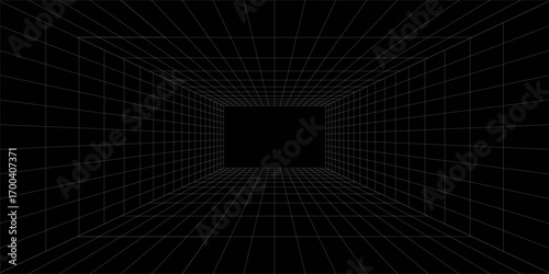 Futuristic perspective grid box. Abstract wireframe with white grid line on black background. Virtual reality landscape in 80s 90s digital style. Vector
