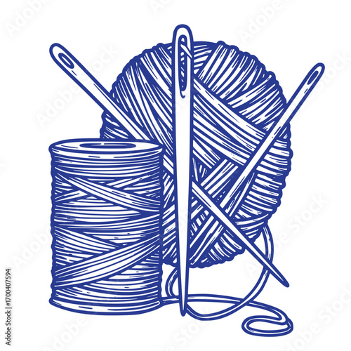 Detailed illustration of a needle, thread, and yarn ball representing sewing and crafts