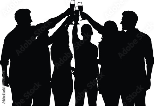 Silhouette of friends clinking glasses celebrating together joyful gathering toasting transparent background