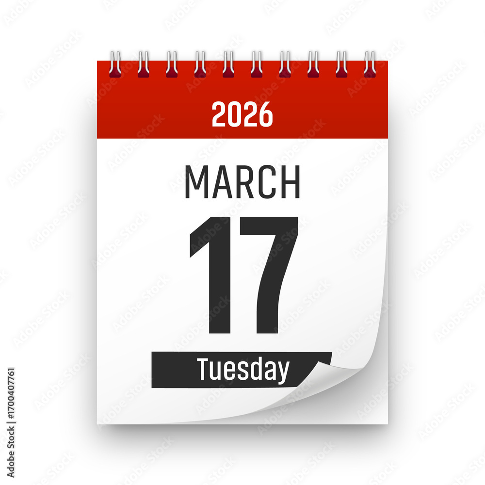 Fototapeta premium Date 17 March 2026 year realistic calendar day page design. March 17 transparent png
