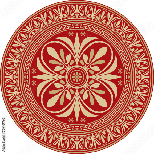 Vector gold with red classic Greek round ornament. Circle of Ancient Greece and the Roman Empire. Byzantine painting of walls, floors and ceilings. Decoration of European palaces.
