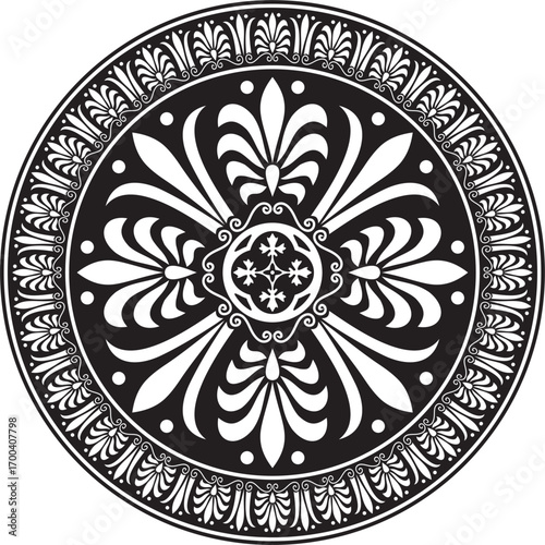 Vector black monochrome classic Greek round ornament. Circle of Ancient Greece and the Roman Empire. Byzantine painting of walls, floors and ceilings. Decoration of European palaces.
