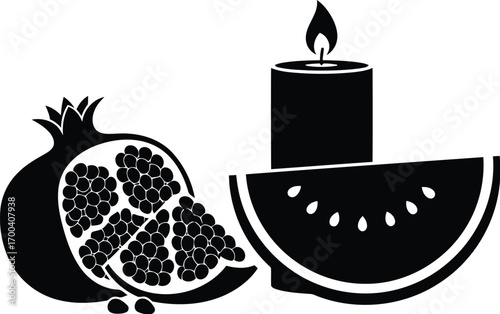 Pomegranate slice and lit candle silhouette symbolizing tradition and warmth transparent background