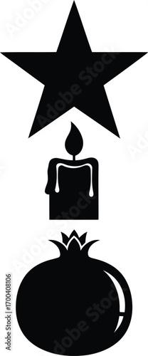 Simple iconography of star candle and pomegranate silhouette represents hope light and abundance transparent background
